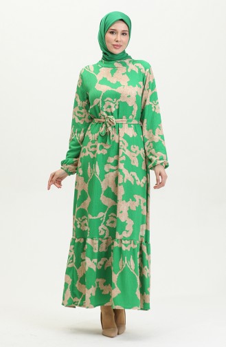 Jurk Met Riem En Gemengd Patroon 0388-04 Green Mink 0388-04