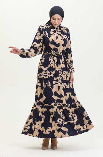 Mixed Patterned Belted Dress 0388-02 Navy Blue Mink 0388-02