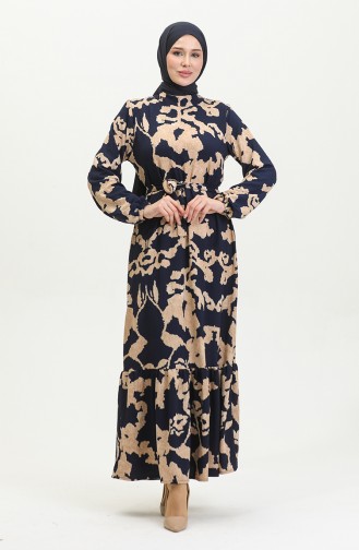 Mixed Patterned Belted Dress 0388-02 Navy Blue Mink 0388-02