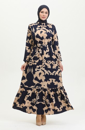 Mixed Patterned Belted Dress 0388-02 Navy Blue Mink 0388-02