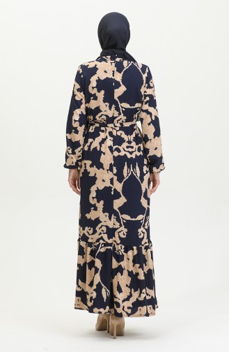 Mixed Patterned Belted Dress 0388-02 Navy Blue Mink 0388-02