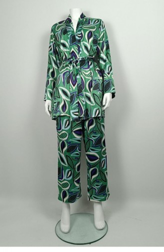 Patterned Satin Double Suit Green Tk207 1266
