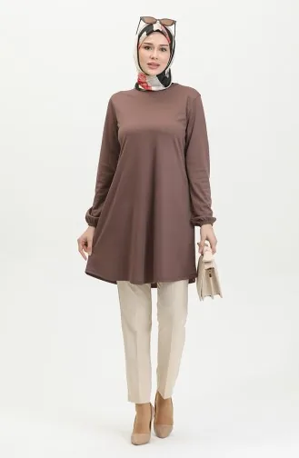 Elastic Sleeve Plain Tunic 8716-01 Brown 8716-01