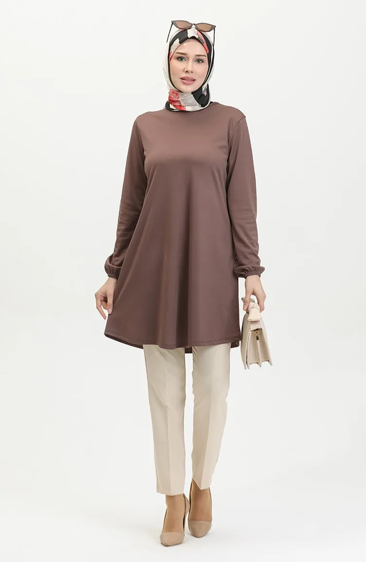 Elastic Sleeve Plain Tunic 8716-01 Brown 8716-01