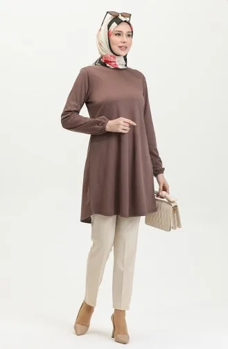 Elastic Sleeve Plain Tunic 8716-01 Brown 8716-01