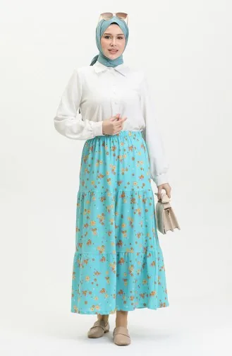 Jupe Longue Superposée En Crêpe à Motifs Floraux 8718-01 Bleu Menthe 8718-01