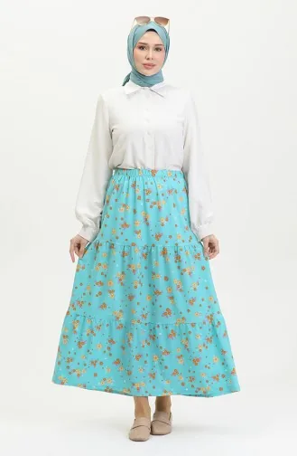 Jupe Longue Superposée En Crêpe à Motifs Floraux 8718-01 Bleu Menthe 8718-01