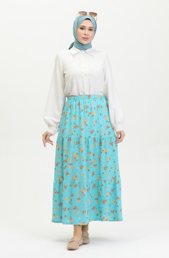 Floral Patterned Long Tiered Crepe Skirt 8718-01 Mint Blue 8718-01