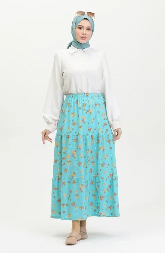 Jupe Longue Superposée En Crêpe à Motifs Floraux 8718-01 Bleu Menthe 8718-01