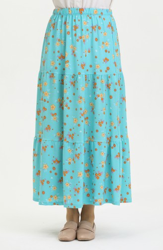 Floral Patterned Long Tiered Crepe Skirt 8718-01 Mint Blue 8718-01