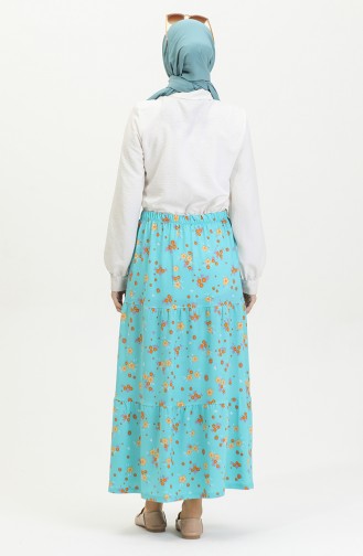Floral Patterned Long Tiered Crepe Skirt 8718-01 Mint Blue 8718-01