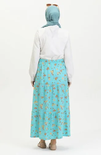 Jupe Longue Superposée En Crêpe à Motifs Floraux 8718-01 Bleu Menthe 8718-01