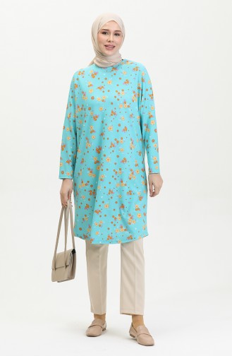 Floral Patterned Relaxed Fit Flowing Crepe Tunic 8717-01 Mint Blue 8717-01