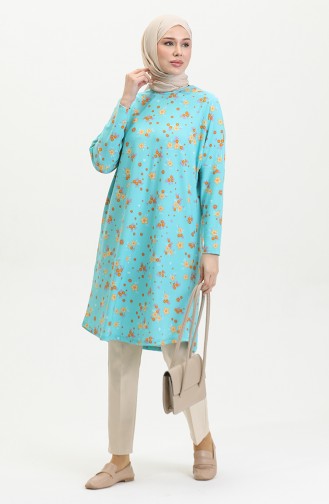 Floral Patterned Relaxed Fit Flowing Crepe Tunic 8717-01 Mint Blue 8717-01