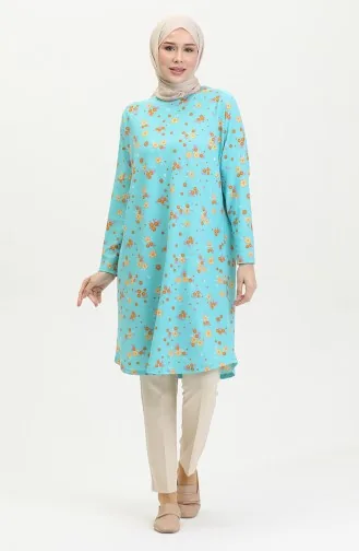 Blumengemusterte Entspannt Geschnittene Fließende Krepp-Tunika 8717-01 Mintblau 8717-01