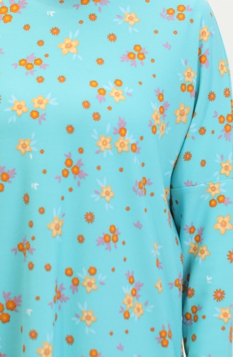 Floral Patterned Relaxed Fit Flowing Crepe Tunic 8717-01 Mint Blue 8717-01
