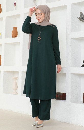Kolyeli Tunik Pantolon İkili Takım 0580-08 Zümrüt Yeşili