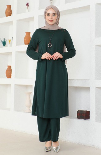 Kolyeli Tunik Pantolon İkili Takım 0580-08 Zümrüt Yeşili