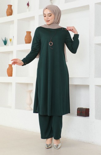 Kolyeli Tunik Pantolon İkili Takım 0580-08 Zümrüt Yeşili