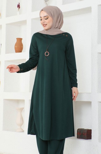 Kolyeli Tunik Pantolon İkili Takım 0580-08 Zümrüt Yeşili