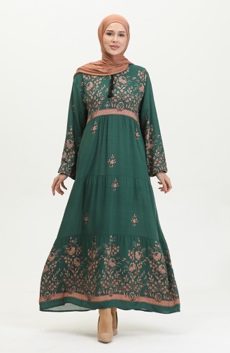 فستان فيسكوز منقوش مقاس كبير 4084-06 أخضر زمردي 4084-06