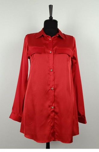 Pocket Cover Detailed Satin Shirt Red T1648 1022