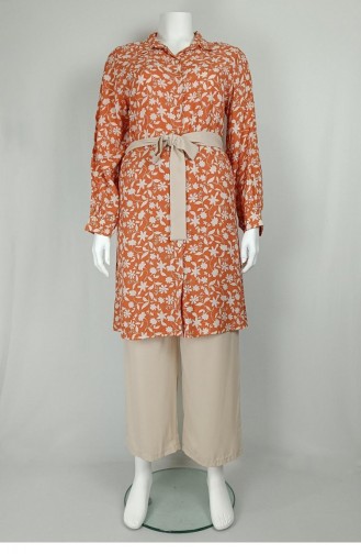 Gürtel Detaillierter Plus-Size-Anzug Orange Tk206 1056