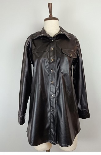 Pocket Detailed Leather Shirt Black T1509 447