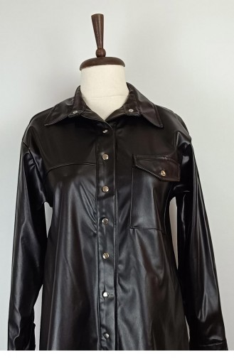 Pocket Detailed Leather Shirt Black T1509 447