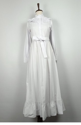 Fırfır Detaylı Elbise Beyaz 7736