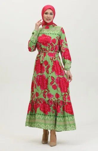 فستان فيسكوز منقوش بحزام 0386-04 أخضر مينت 0386-04