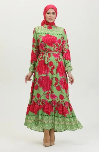 فستان فيسكوز منقوش بحزام 0386-04 أخضر مينت 0386-04