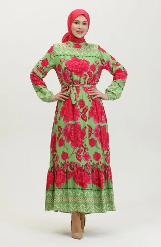 فستان فيسكوز منقوش بحزام 0386-04 أخضر مينت 0386-04
