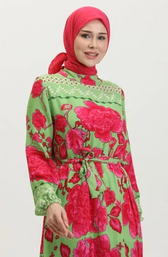 فستان فيسكوز منقوش بحزام 0386-04 أخضر مينت 0386-04