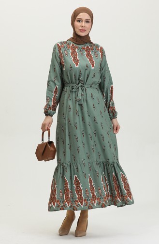 Robe à Motifs Fronces Et Ourlet En Viscose 0389-02 Vert 0389-02