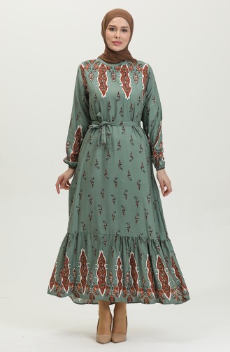 Robe à Motifs Fronces Et Ourlet En Viscose 0389-02 Vert 0389-02
