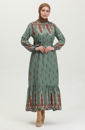 Robe à Motifs Fronces Et Ourlet En Viscose 0389-02 Vert 0389-02