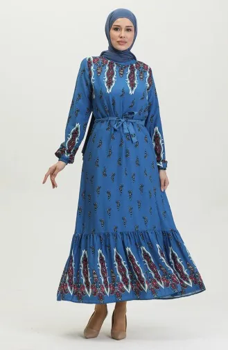 Jurk Met Viscose Zoom En Verzameld Patroon 0389-01 Indigo 0389-01