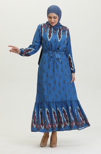 Robe à Motifs Fronces Et Ourlet En Viscose 0389-01 Indigo 0389-01