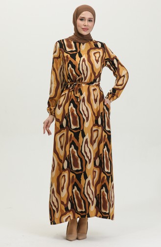 Farbgemustertes Viskosekleid 0390-01 Braun Senf 0390-01