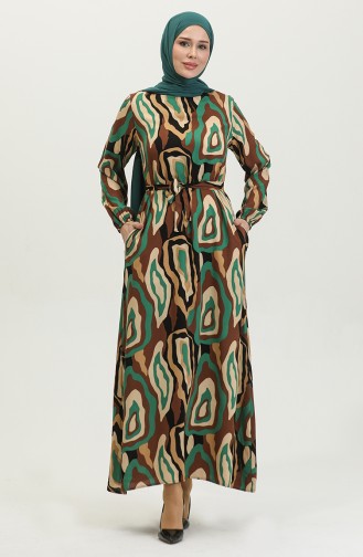 Farblich Gemustertes Viskosekleid 0390-02 Braun Smaragdgrün 0390-02