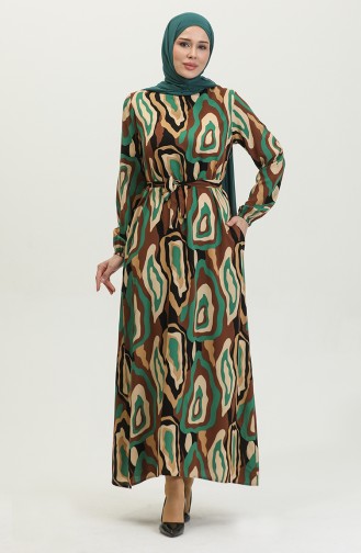 Farblich Gemustertes Viskosekleid 0390-02 Braun Smaragdgrün 0390-02