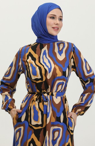 Color Patterned Viscose Dress 0390-03 Brown Sax 0390-03