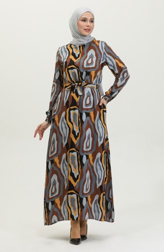 Color Patterned Viscose Dress 0390-04 Brown Gray 0390-04