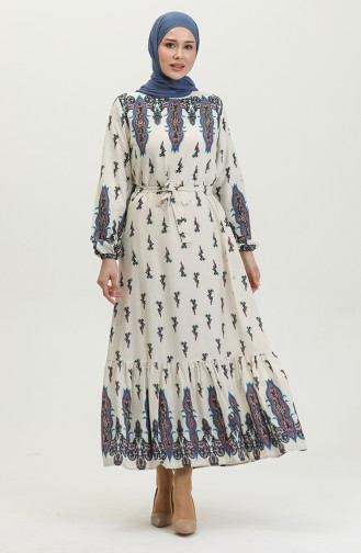 Robe à Motifs Fronces Et Ourlet En Viscose 0389-03 Beige 0389-03