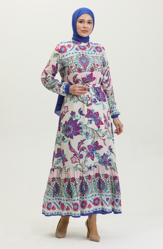 Alaçatı-Muster Farbiges Viskosekleid Mit Gürtel 0384-01 Beige Lila 0384-01