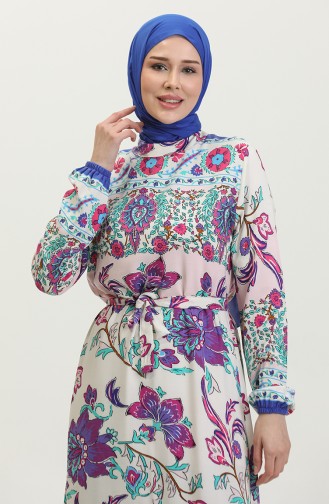 Alaçatı-Muster Farbiges Viskosekleid Mit Gürtel 0384-01 Beige Lila 0384-01