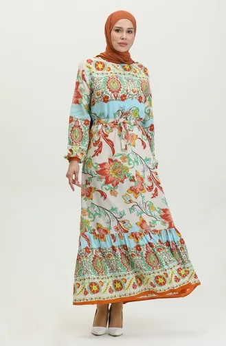 Alaçatı Robe Viscose Ceinturée Colorée à Motif 0384-02 Beige Moutarde 0384-02