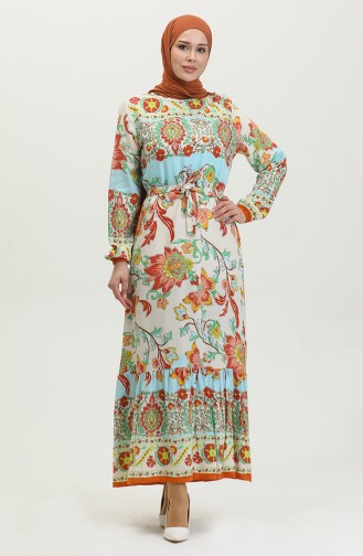 Alaçatı Pattern Colorful Belted Viscose Dress 0384-02 Beige Mustard 0384-02