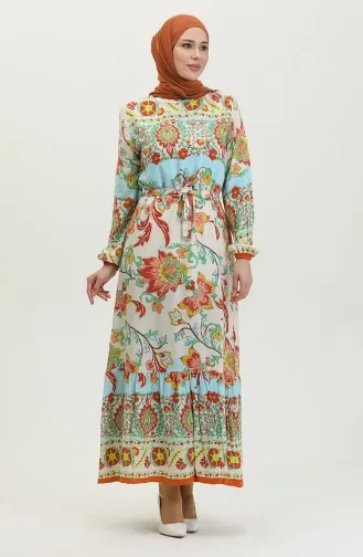 Alaçatı Robe Viscose Ceinturée Colorée à Motif 0384-02 Beige Moutarde 0384-02